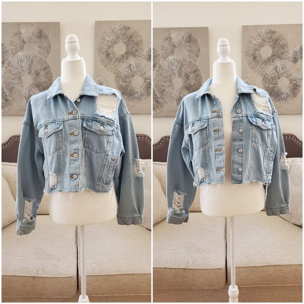 Forever 21 Cropped Distressed Frayed Denim Jacket Sz Med